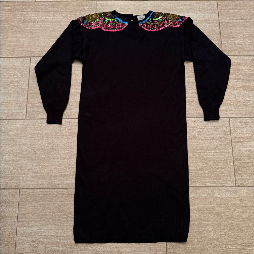 Darian Black Floral Beaded Sequin Colorful Embellished Knit Sweater Dress Small